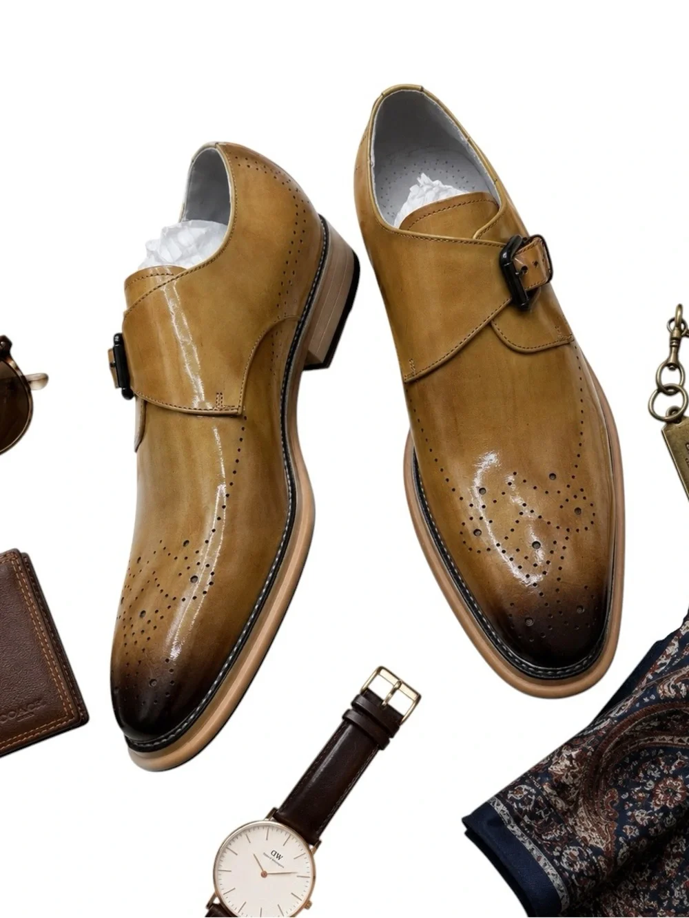 Giovanni Handmade Burnished Cognac Leather Monk Strap Dress Shoes Men’s 9 NWOT